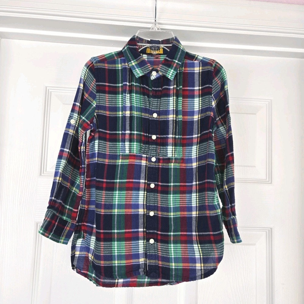 Polo Ralph Lauren Girls Pin Tuck Brushed Cotton Plaid Shirt Size‎ 4 Holiday Blue